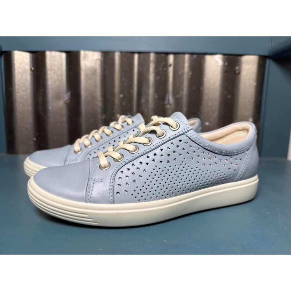 Ecco Soft 7 Trend Tie Perforated Sneaker Leather Light Blue Womens US 4 EU 35 - Picture 2 of 8